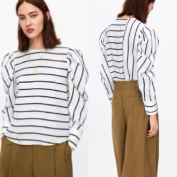 Zara Puff Sleeve Striped Blouse XS Black White Asymmetric Back Modern Chic - Picture 2 of 16